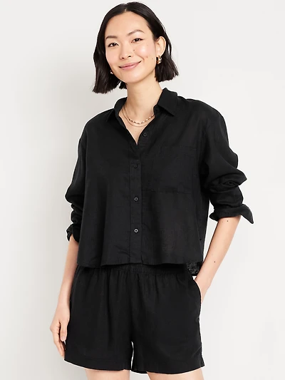 Linen-Blend Button-Down Crop Shirt