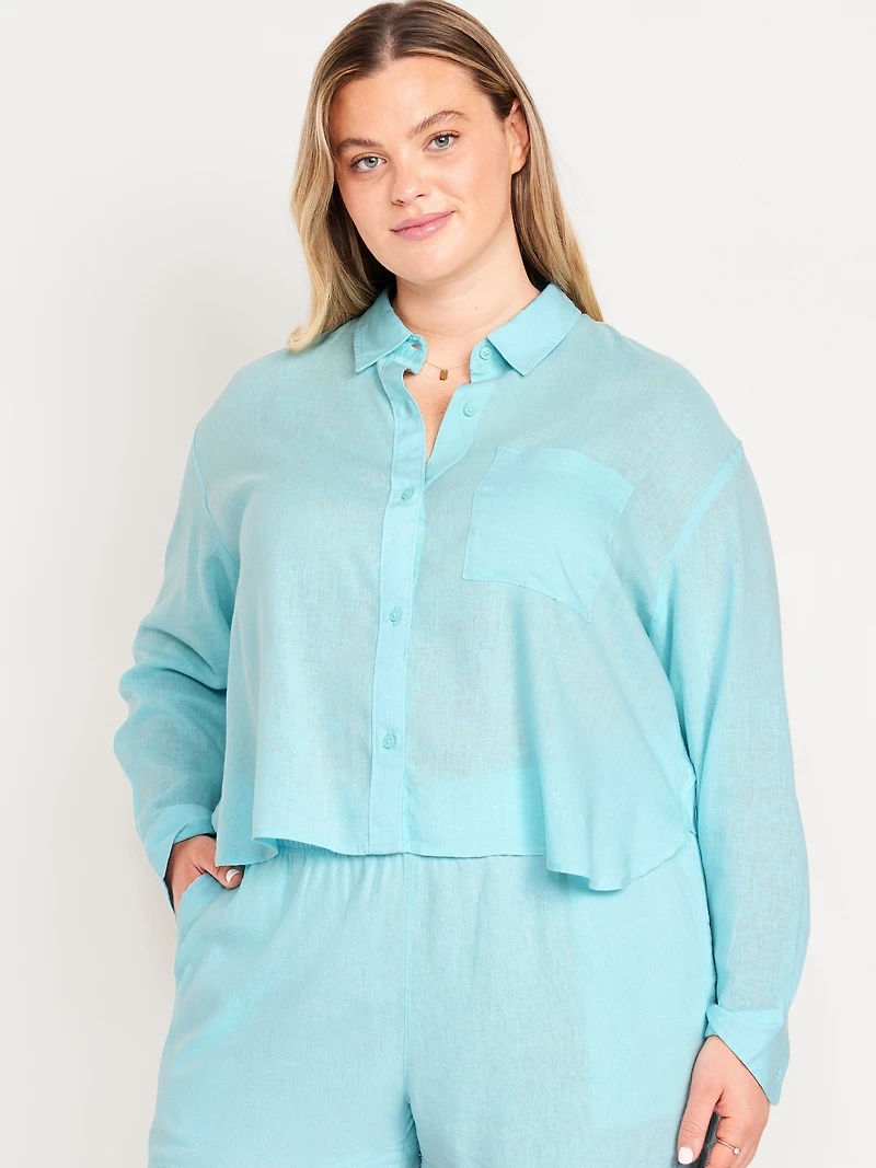 Linen-Blend Button-Down Crop Shirt