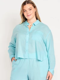 Linen-Blend Button-Down Crop Shirt