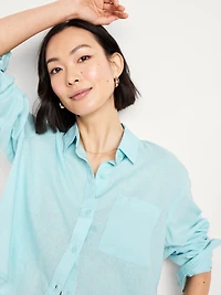 Linen-Blend Button-Down Crop Shirt