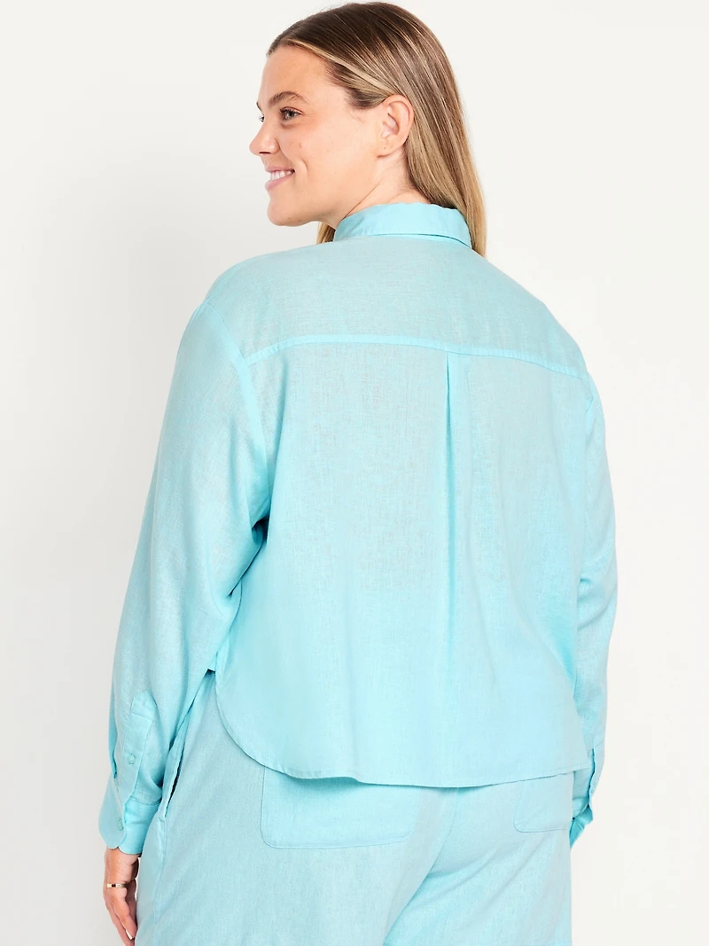 Linen-Blend Button-Down Crop Shirt