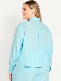 Linen-Blend Button-Down Crop Shirt