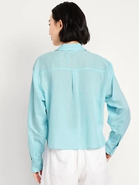 Linen-Blend Button-Down Crop Shirt