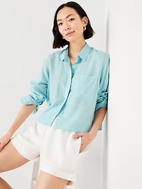 Linen-Blend Button-Down Crop Shirt