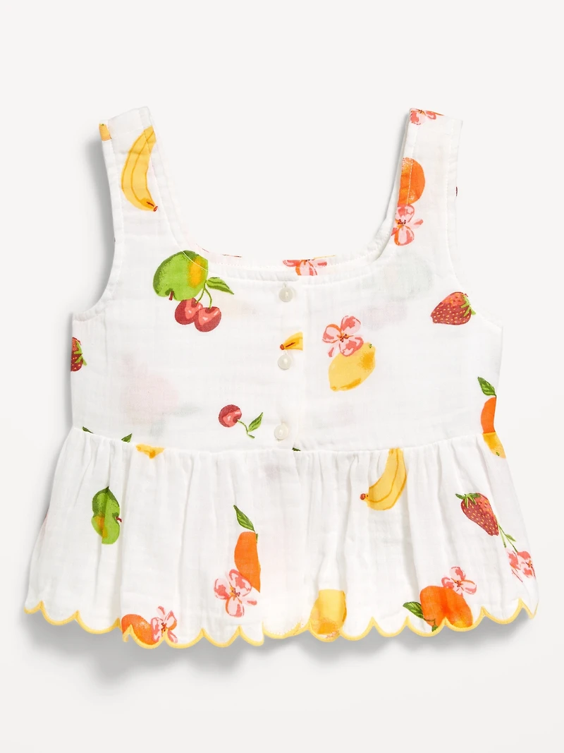Printed Sleeveless Button-Front Double-Weave Top for Girls