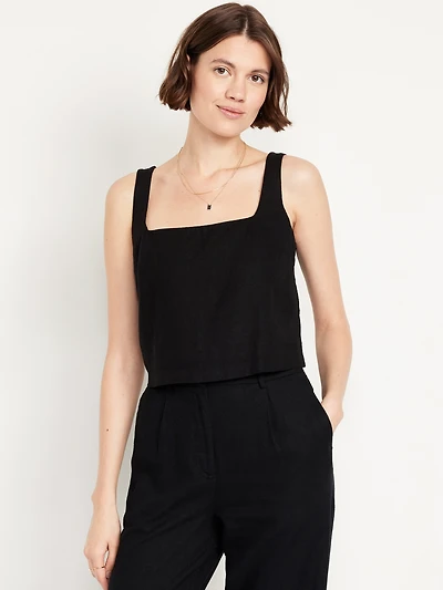 Cropped Square-Neck Linen-Blend Top