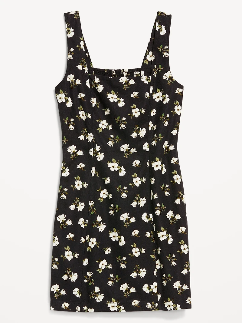 Square-Neck Linen-Blend Floral Mini Dress