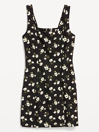 Square-Neck Linen-Blend Floral Mini Dress