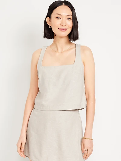 Cropped Square-Neck Linen-Blend Top
