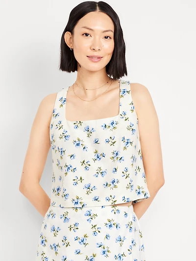 Cropped Square-Neck Linen-Blend Floral Top