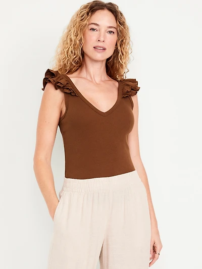 Ruffle-Trim Mixed Material Top