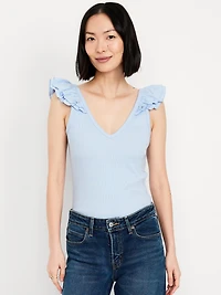 Ruffle-Trim Mixed Material Top