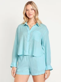 Linen-Blend Button-Down Crop Shirt