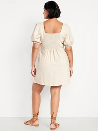 Puff-Sleeve Linen-Blend Mini Dress