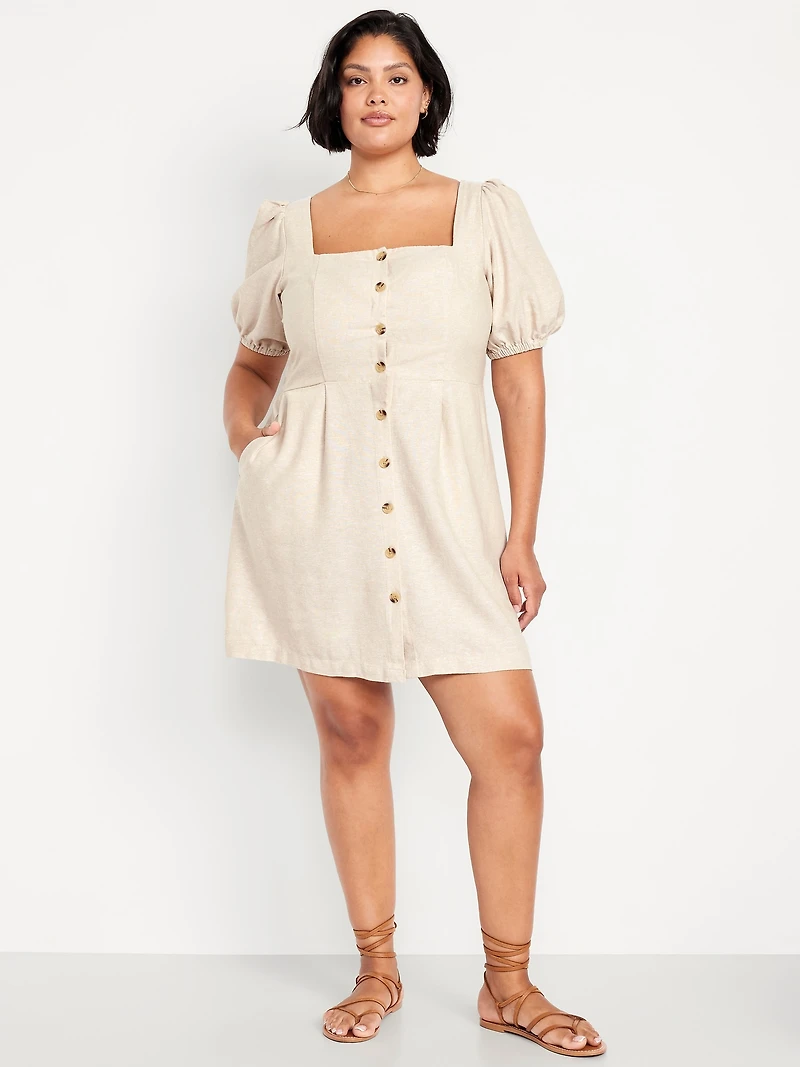 Puff-Sleeve Linen-Blend Mini Dress