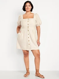 Puff-Sleeve Linen-Blend Mini Dress