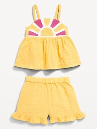 Sleeveless Double-Weave Top and Shorts Set for Toddler Girls