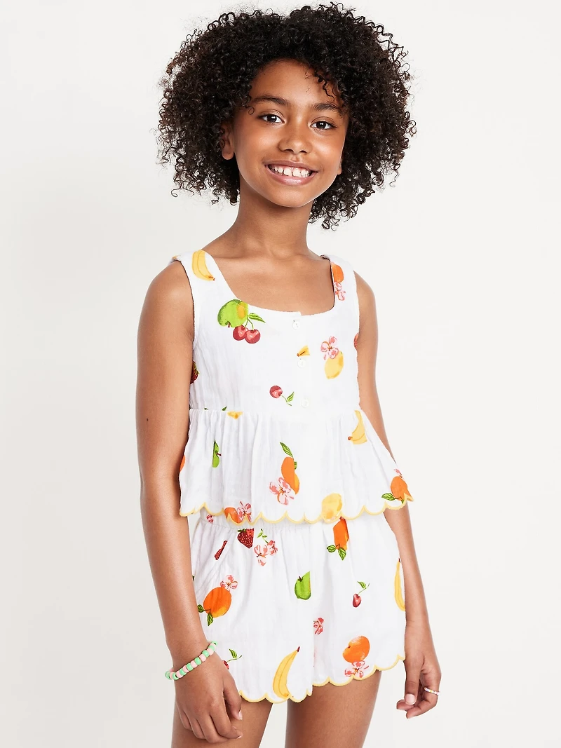 Printed Sleeveless Button-Front Double-Weave Top for Girls