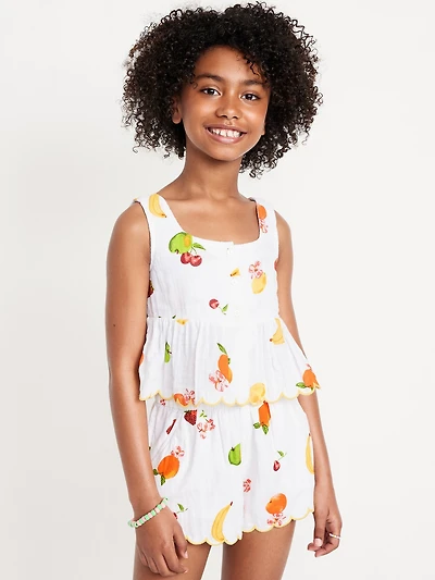 Printed Sleeveless Button-Front Double-Weave Top for Girls