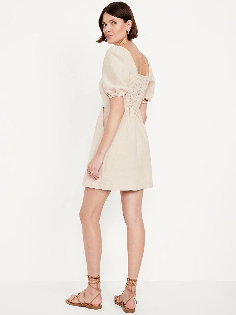 Puff-Sleeve Linen-Blend Mini Dress