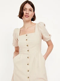 Puff-Sleeve Linen-Blend Mini Dress