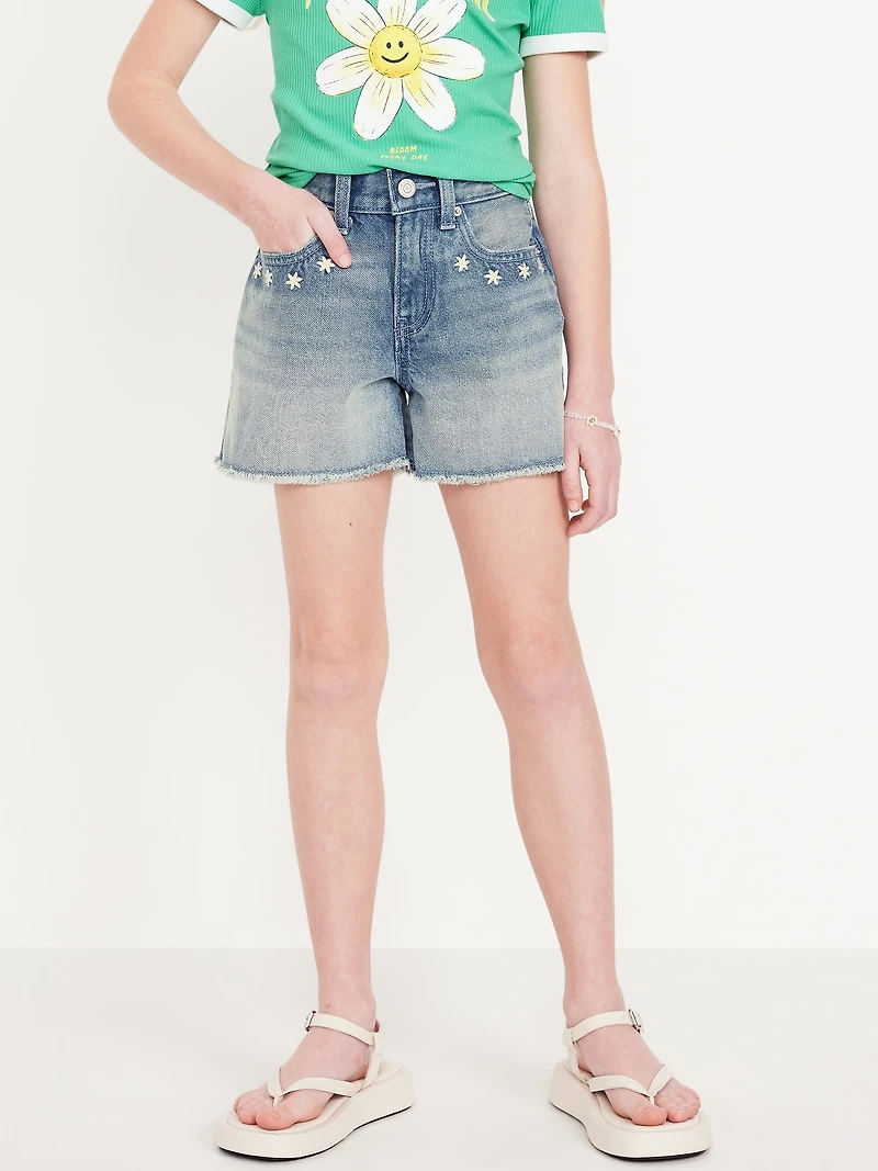 High-Waisted Embroidered Frayed-Hem Jean Shorts for Girls