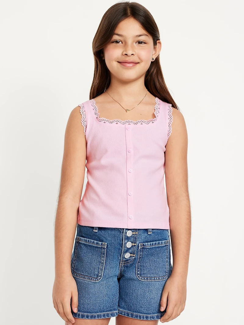 Fitted Button-Front Ribbed Tank Top for Girls