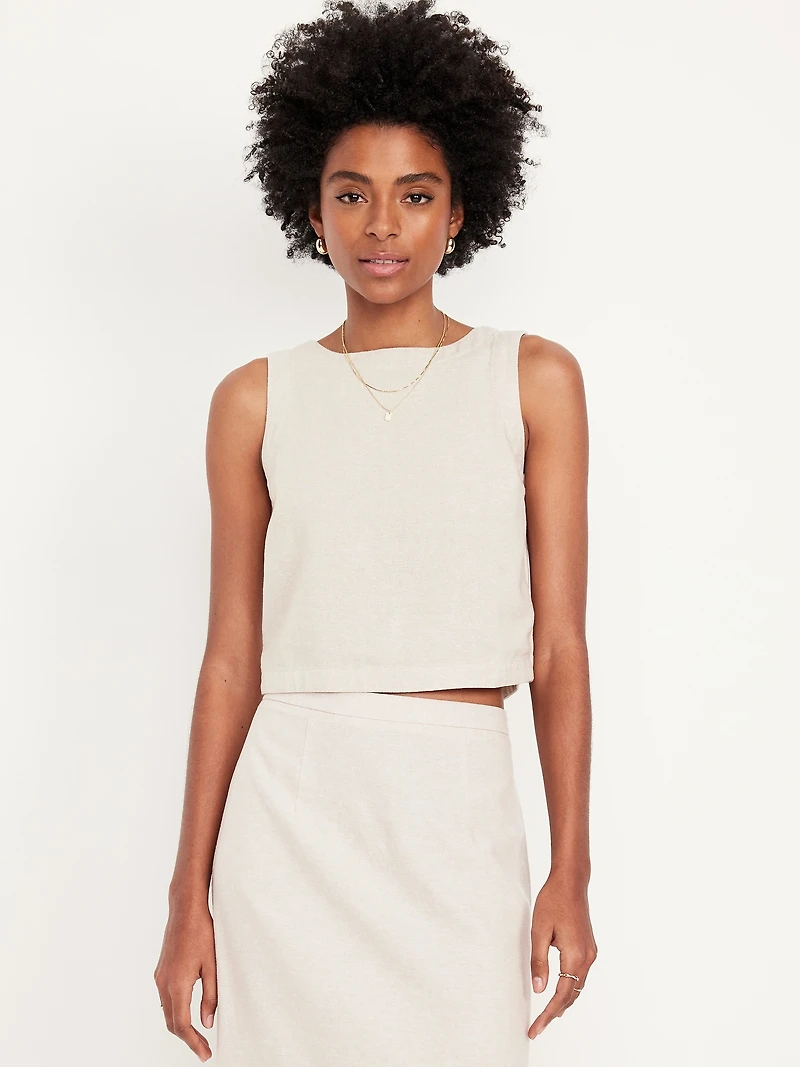 High-Neck Button-Back Linen-Blend Top