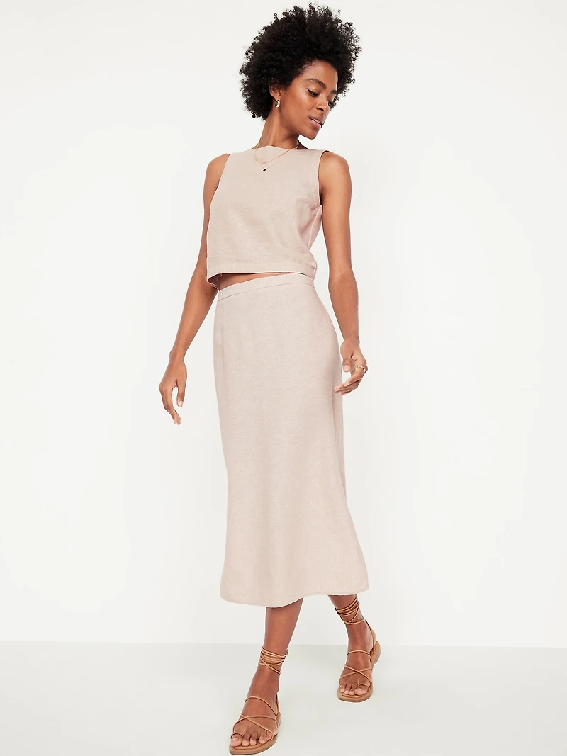 Mid-Rise Linen-Blend Midi Skirt