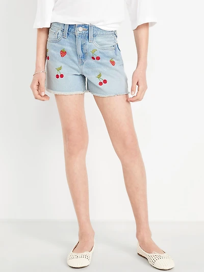 High-Waisted Embroidered Frayed-Hem Jean Shorts for Girls