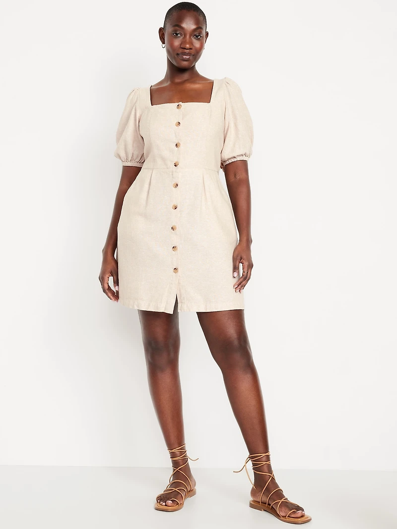 Puff-Sleeve Linen-Blend Mini Dress