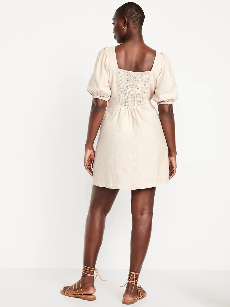 Puff-Sleeve Linen-Blend Mini Dress