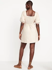 Puff-Sleeve Linen-Blend Mini Dress