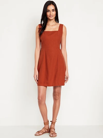 Square-Neck Linen-Blend Mini Dress