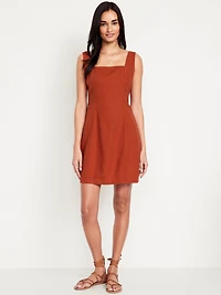 Square-Neck Linen-Blend Mini Dress
