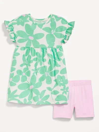 Printed Flutter-Sleeve Dress and Biker Shorts Set for Toddler Girls