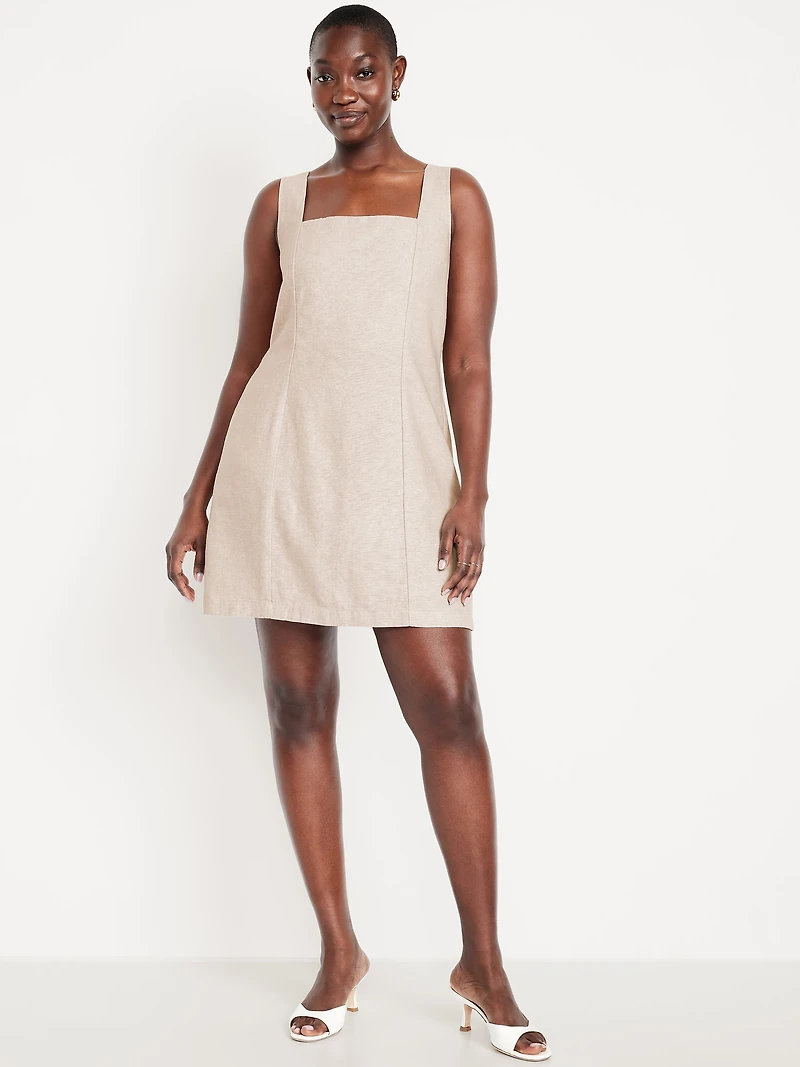Square-Neck Linen-Blend Mini Dress