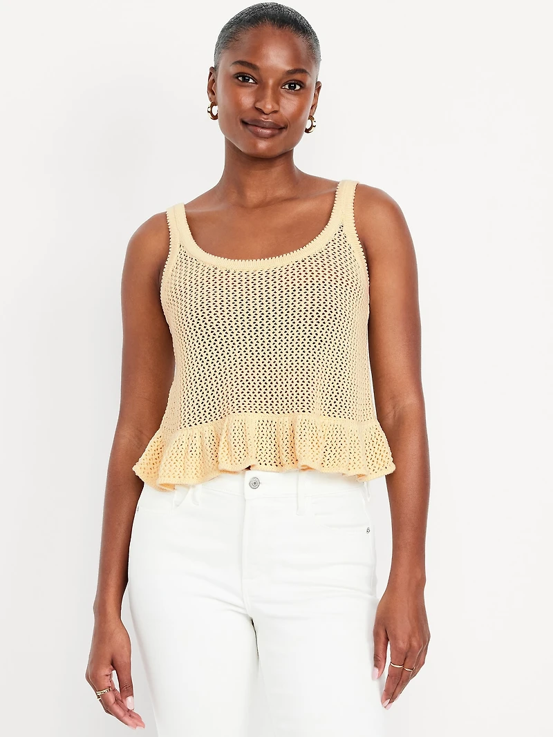 Sleeveless Open-Stitch Peplum Sweater