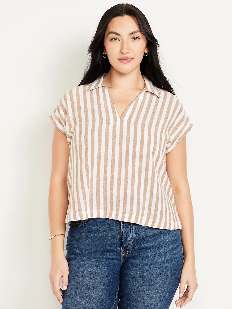 Linen-Blend Cropped Popover Shirt