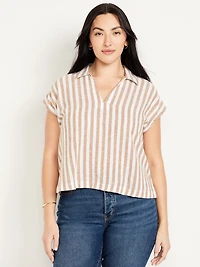 Linen-Blend Cropped Popover Shirt