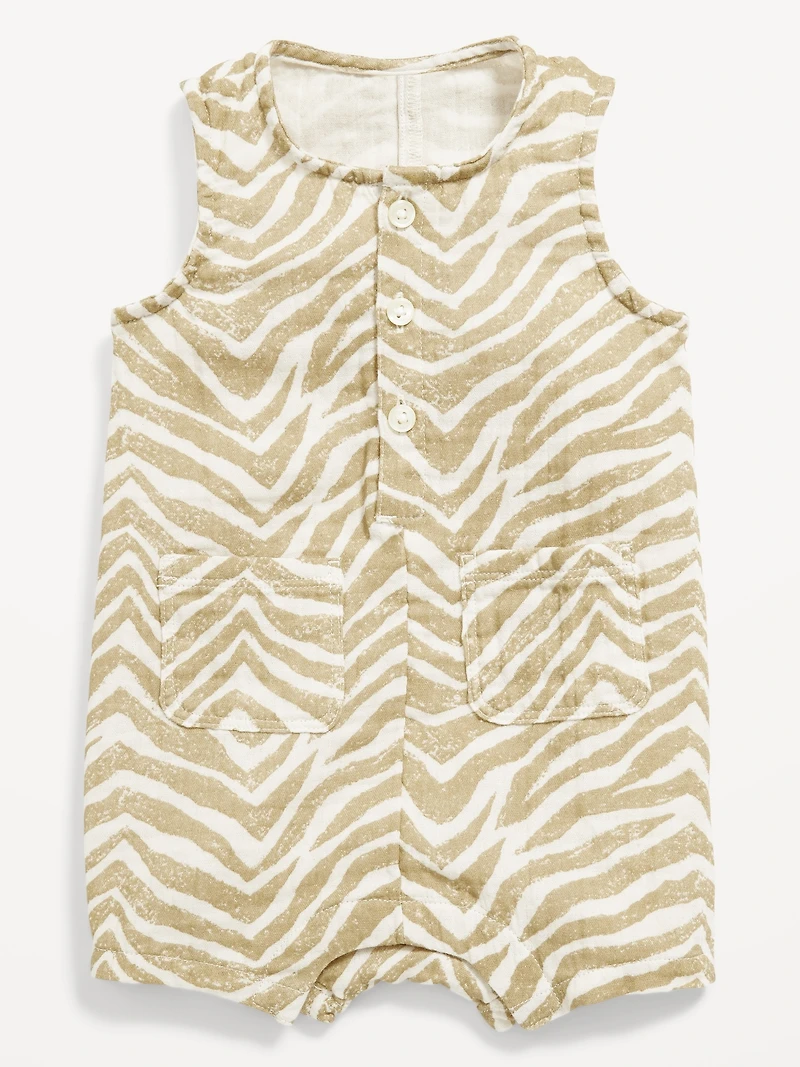 Printed Sleeveless Double-Weave Henley One-Piece Romper for Baby