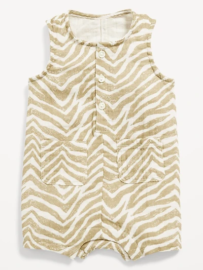 Printed Sleeveless Double-Weave Henley One-Piece Romper for Baby