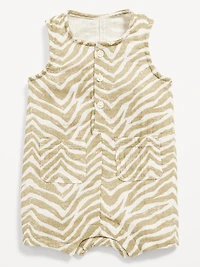 Printed Sleeveless Double-Weave Henley One-Piece Romper for Baby