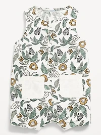 Printed Sleeveless Linen-Blend Henley One-Piece Romper for Baby