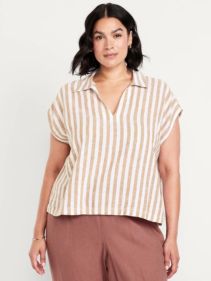 Linen-Blend Cropped Popover Shirt