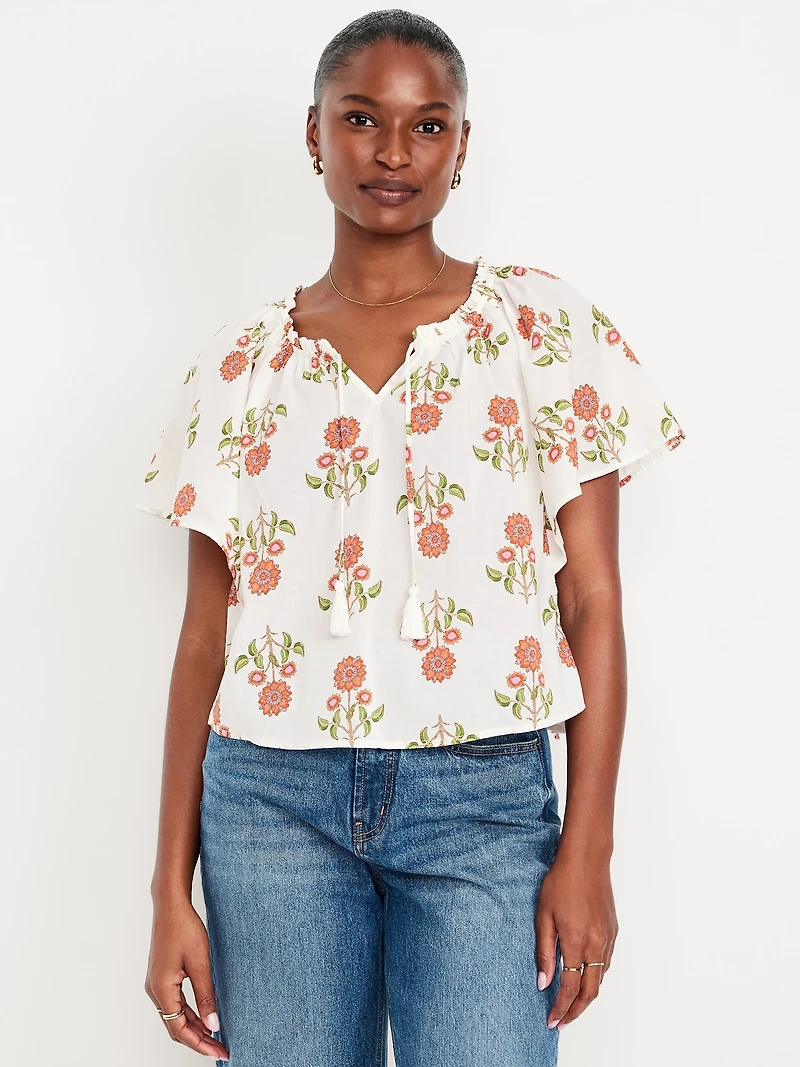 Flutter-Sleeve Tassel-Tie Top
