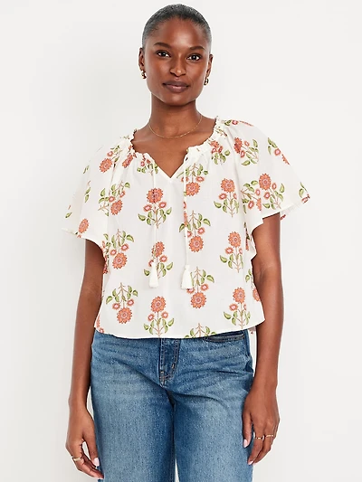 Flutter-Sleeve Tassel-Tie Top