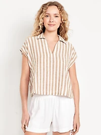 Linen-Blend Cropped Popover Shirt