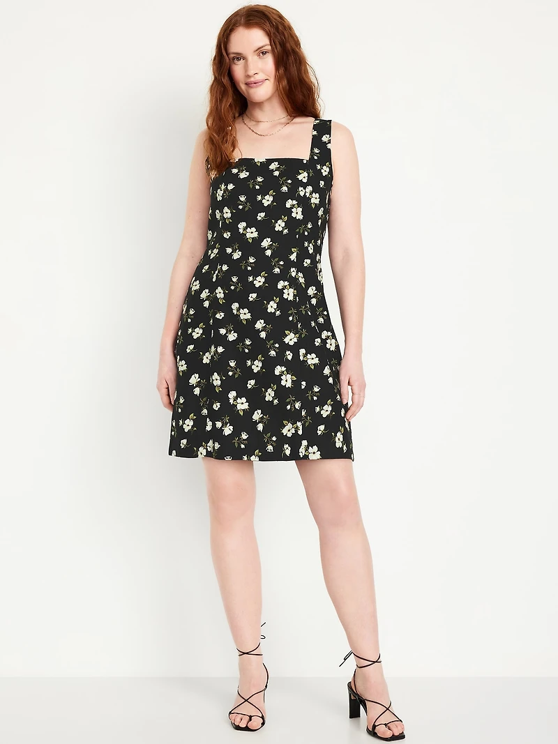Square-Neck Linen-Blend Floral Mini Dress