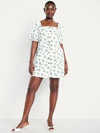 Puff-Sleeve Linen-Blend Mini Dress